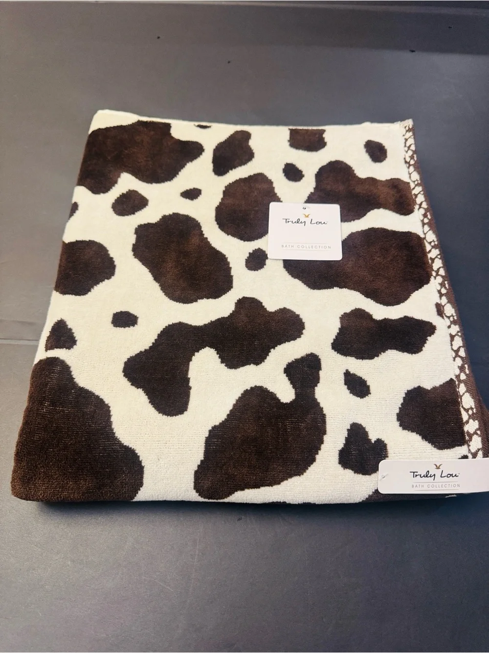3pc TRULY LOU Bath Towel Set - Cotton Velour - Cow Print -Hot Fudge-Br/OffWhite
